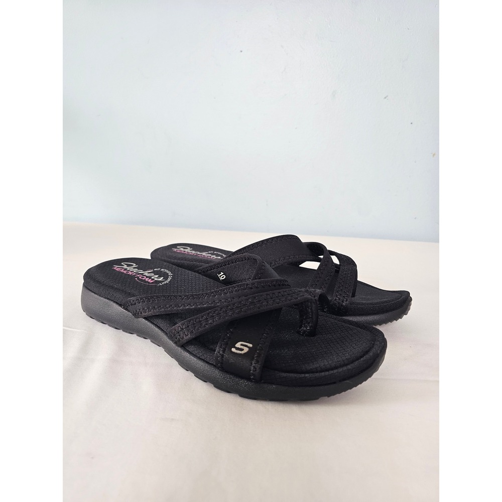 Comfortable Skechers 38935 Memory Foam Thong Sandals Women 10 Black Crisscross